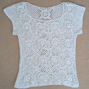 Vintage Cream Off White Crochet Chunky Knit Short Sleeve Shirt